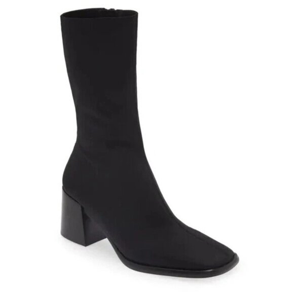 JEFFREY CAMPBELL 7 Black Block Heel Boot Bootie Stretch Mid Calf NEW - Picture 1 of 16
